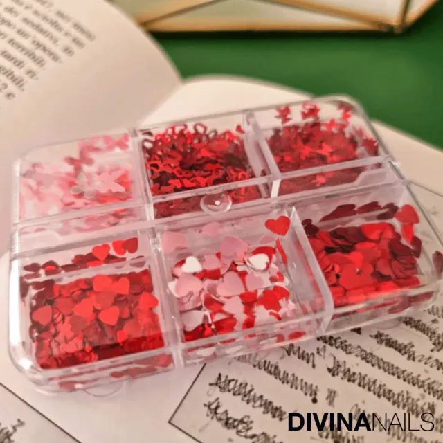 Diva Nails Paillettes Heart decorazioni unghie 6pz rosse cuori