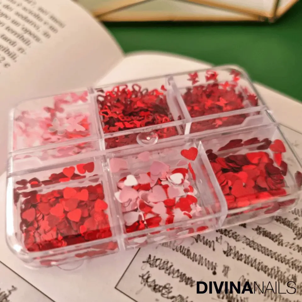 Diva Nails Paillettes Heart decorazioni unghie 6pz rosse cuori