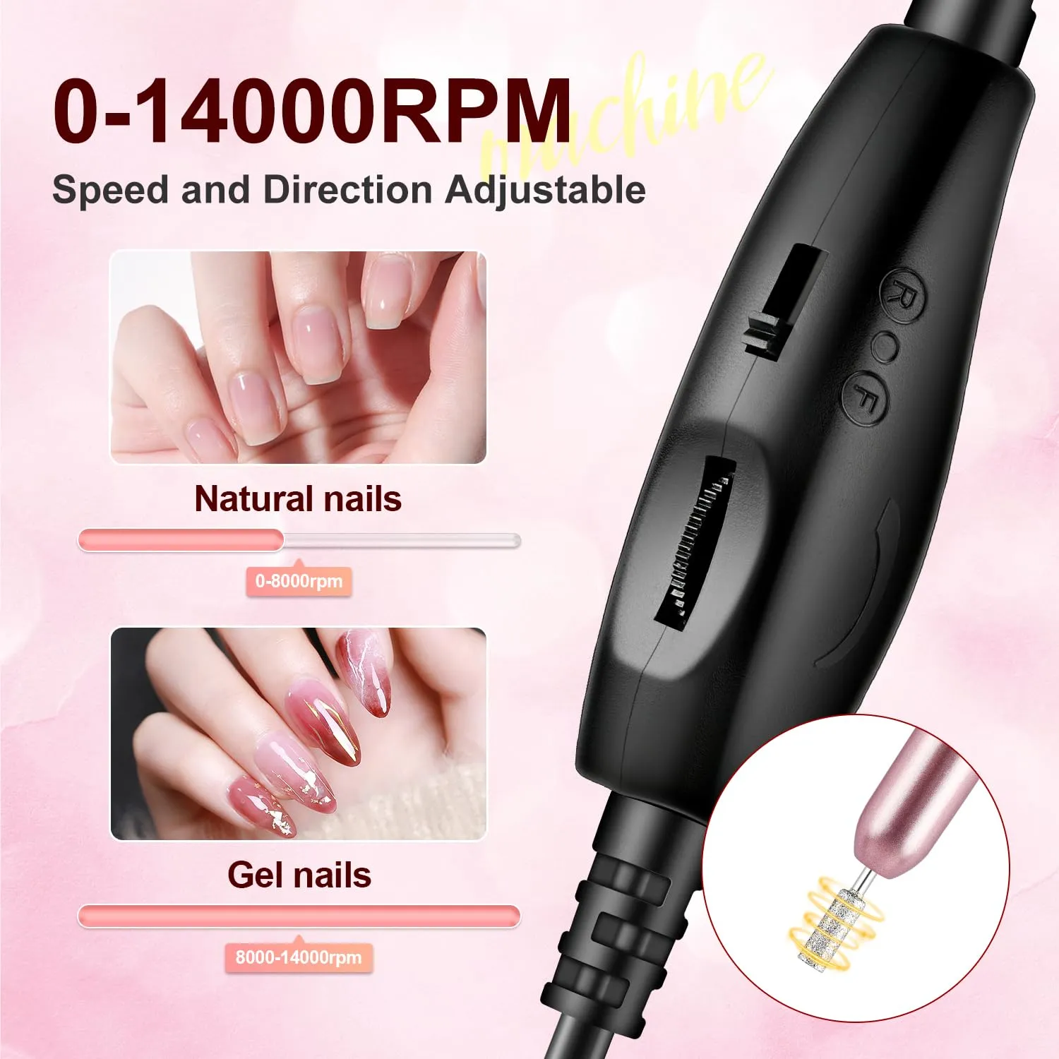 Jodsone Fresa Unghie Elettrica 14000 RPM con 6 Punte